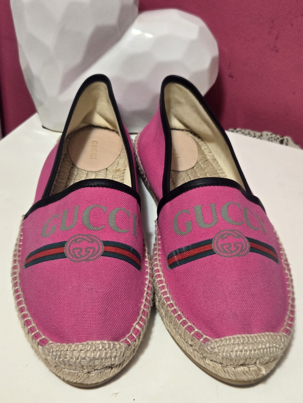 EUC GuccI Pilar Pink Canvas Logo Espadrilles Size 10 USA